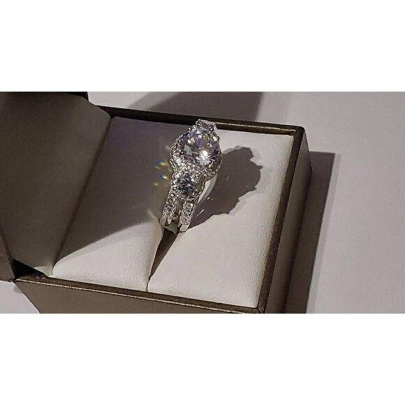 Gorgeous 9.4 Ct. Genuine Diamond Simulant Three Stone Halo Pave Wedding Ring #8 - Picture 2 of 10